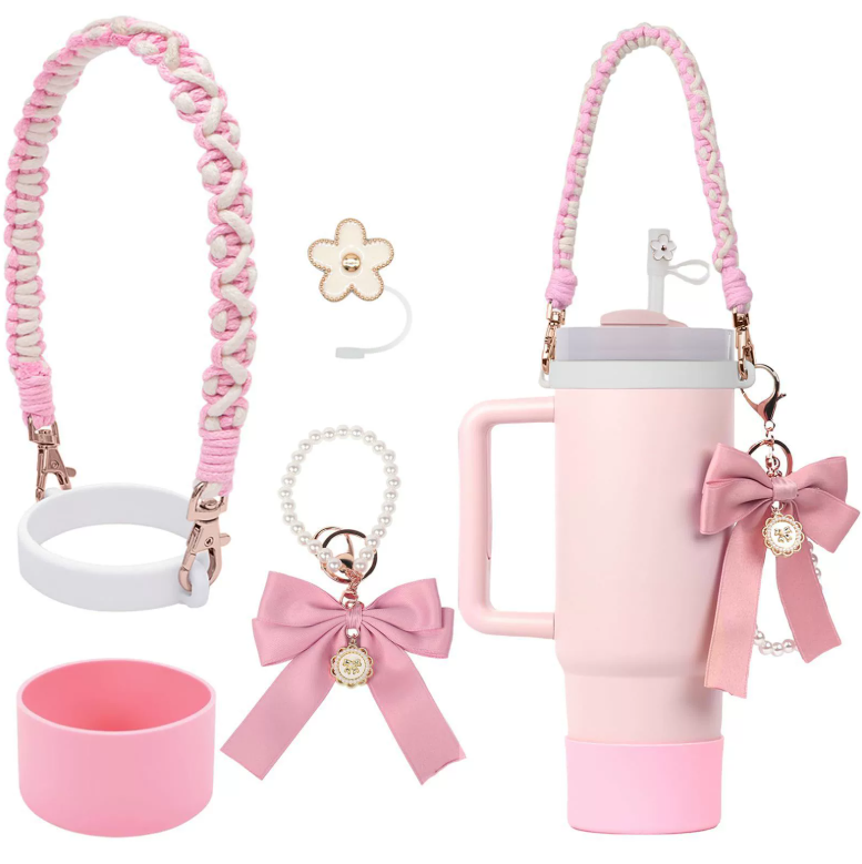 Flower keychain with hand-held bow straw silicone cup
