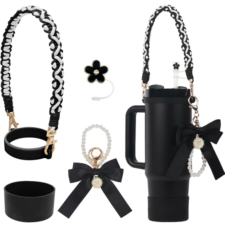 Flower keychain with hand-held bow straw silicone cup