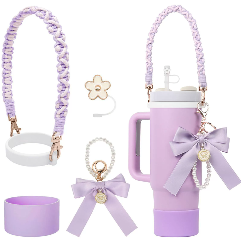 Flower keychain with hand-held bow straw silicone cup